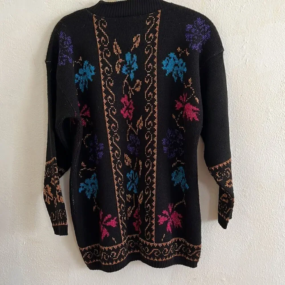 Vintage USA Black Holiday Sweater With Pink, Blue and Gold Floral Pattern Size L - Picture 4 of 5